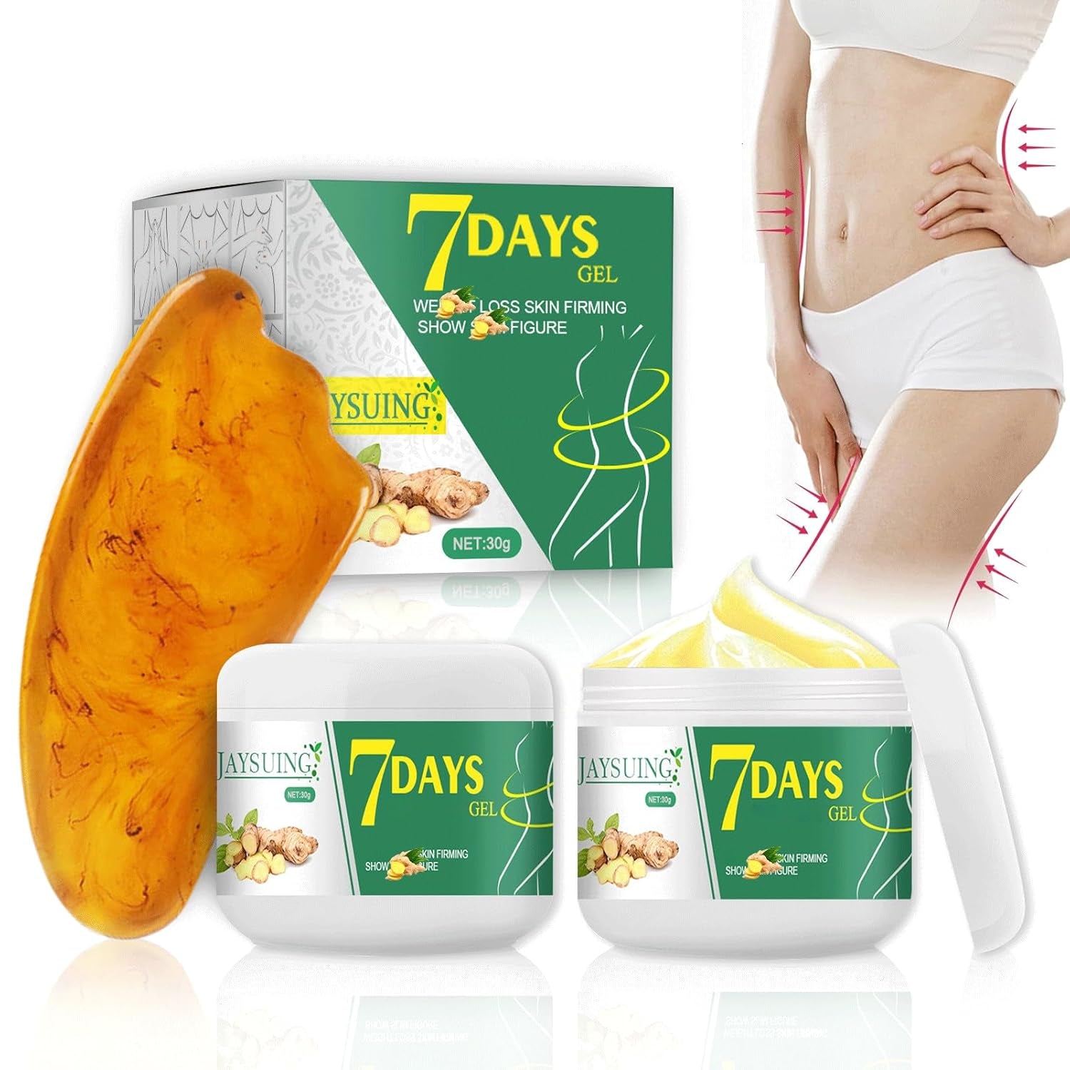 Shefave Ingwer Creme, 2Pcs Körpercreme Mit Gua Sha Stein, 7 Tage Feuchtigkeitscreme Massage Für Taille, Bauch, Arme, Gesäß, Oberschenkel