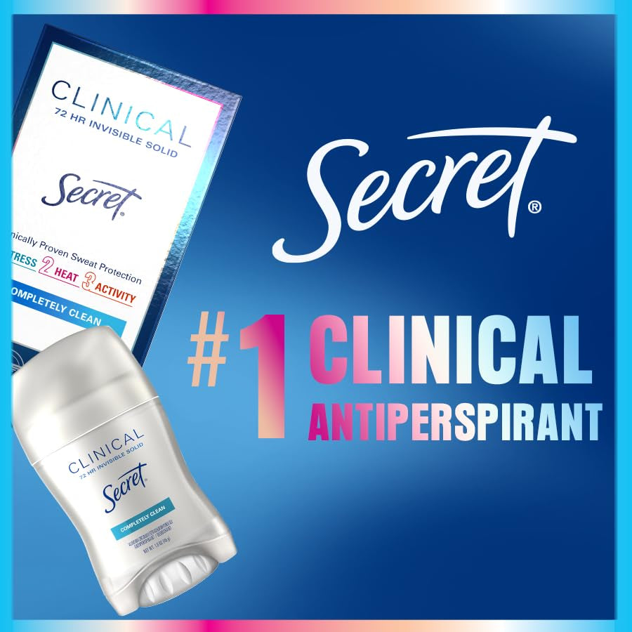 Secret Clinical Strength Deodorant and Antiperspirant for Women, Invisible Solid, Completely Clean, 2.6 Oz.