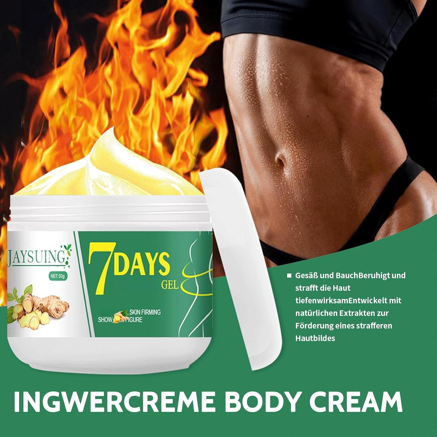 Shefave Ingwer Creme, 2Pcs Körpercreme Mit Gua Sha Stein, 7 Tage Feuchtigkeitscreme Massage Für Taille, Bauch, Arme, Gesäß, Oberschenkel