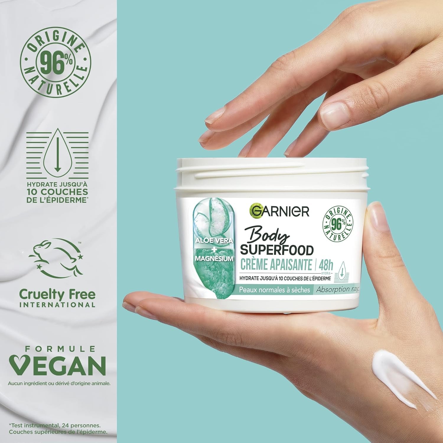 Garnier - Body Superfood - Beruhigende Körperpflegecreme - 48H Flüssigkeitszufuhr - Vegane Und Zu 96% Natürliche Formel - Mit Aloe Vera Und Magnesium - Für Normale Bis Trockene Haut - 380 Ml