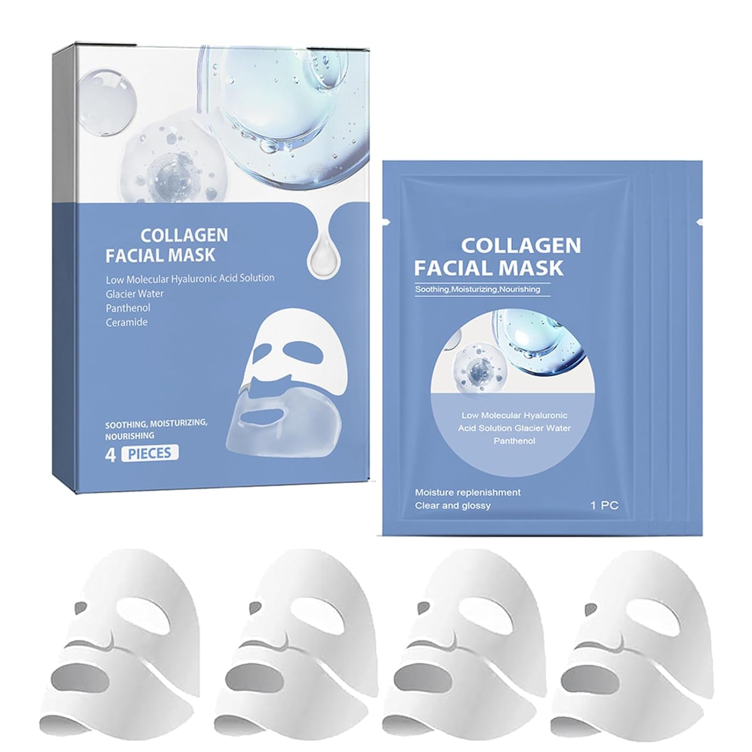 ARCHIDATE 4 Stück Collagen Maske Gesicht - Feuchtigkeitsspendende Gesichtsmaske - anti Falten Gesichtsmaske - Masken Beauty Produkte - Feuchtigkeitsmaske Gesicht Kollagen Maske - Glatte Straffend Haut