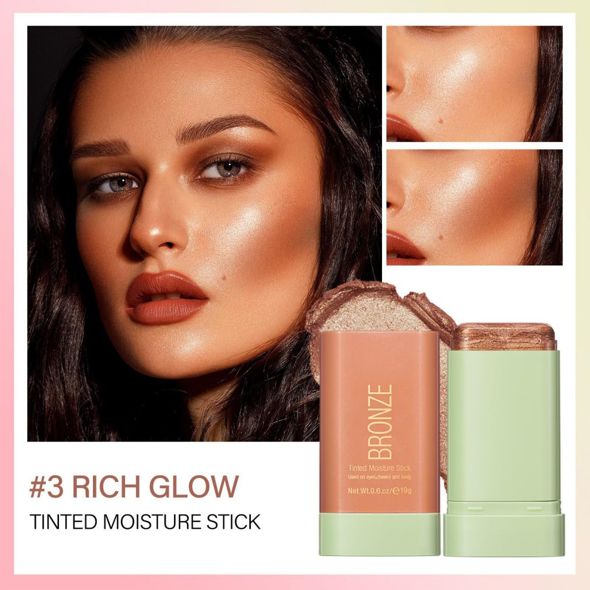 Ofanyia Cream Bronzer Stick, Unique Roating Design Multi-Use Bronzer Stick, Lightweight Easy to Blend Cream Bronzer, Velvet Matte Texture Bronzer Face Stick(3# Rich Glow)
