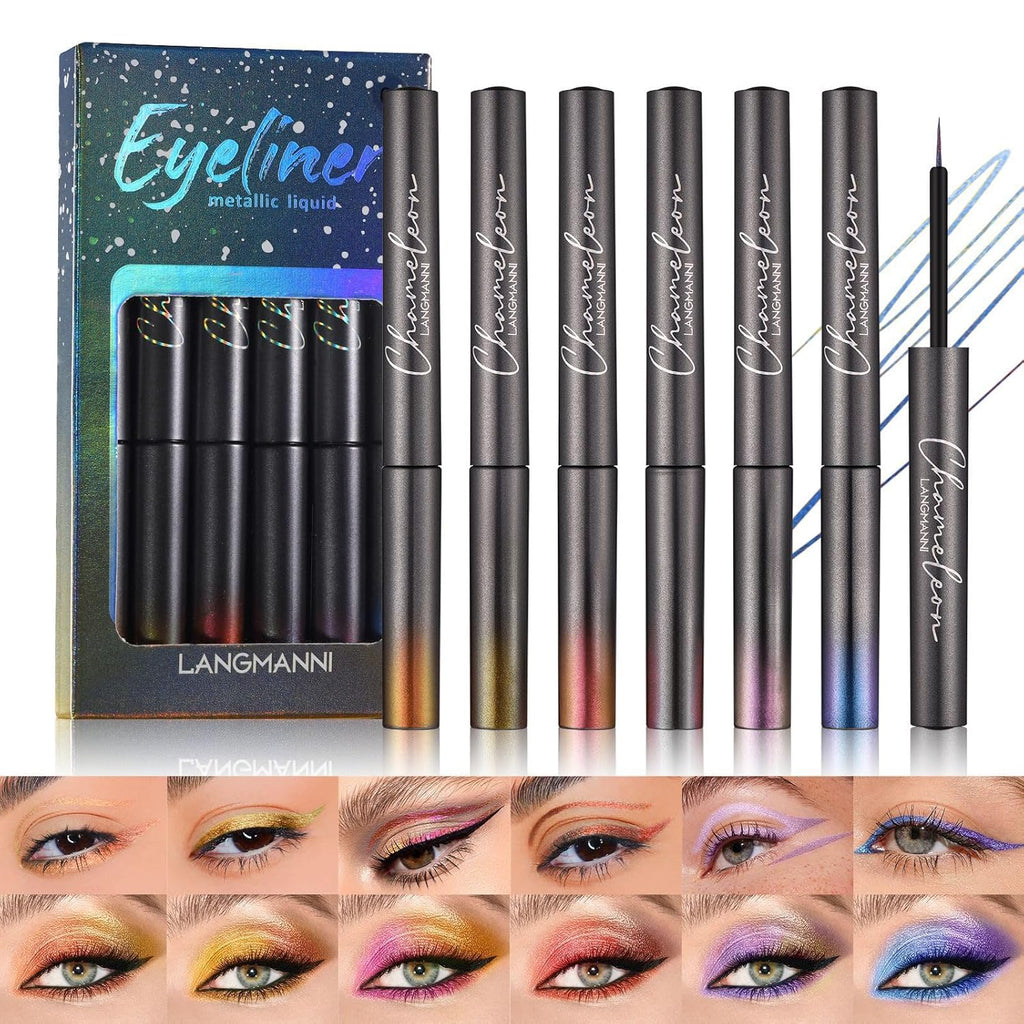 CHSEEO Liquid Glitter Eyeliner Set, 6 Colors Langanhaltend Pigmentiert Wasserfester Flüssiger Metallic Shimmer Lidschattenstift Flüssigkeit Eyeliner Pen, Augen Makeup Set Gift for Women Frauen - A