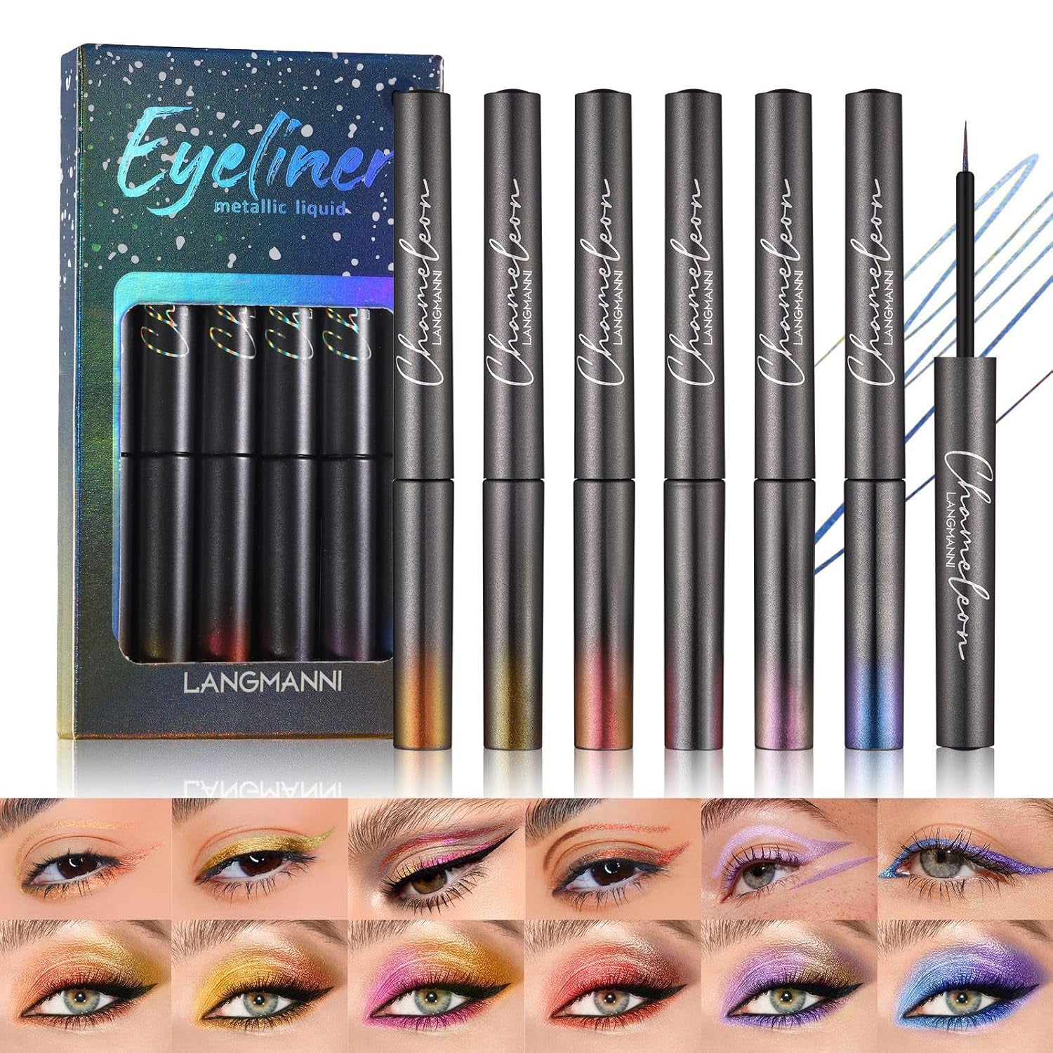 CHSEEO Liquid Glitter Eyeliner Set, 6 Colors Langanhaltend Pigmentiert Wasserfester Flüssiger Metallic Shimmer Lidschattenstift Flüssigkeit Eyeliner Pen, Augen Makeup Set Gift for Women Frauen - A