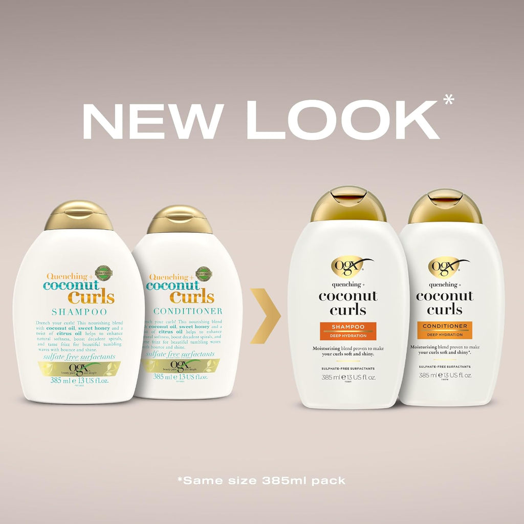 OGX Quenching + Coconut Curls Shampoo, Feuchtigkeitsspendendes Locken Shampoo Mit Kokosöl, Zitronenöl & Honig, Haarpflege Shampoo Ohne Sulfate, Haarshampoo Für Glänzende, Definierte Locken (385 Ml)