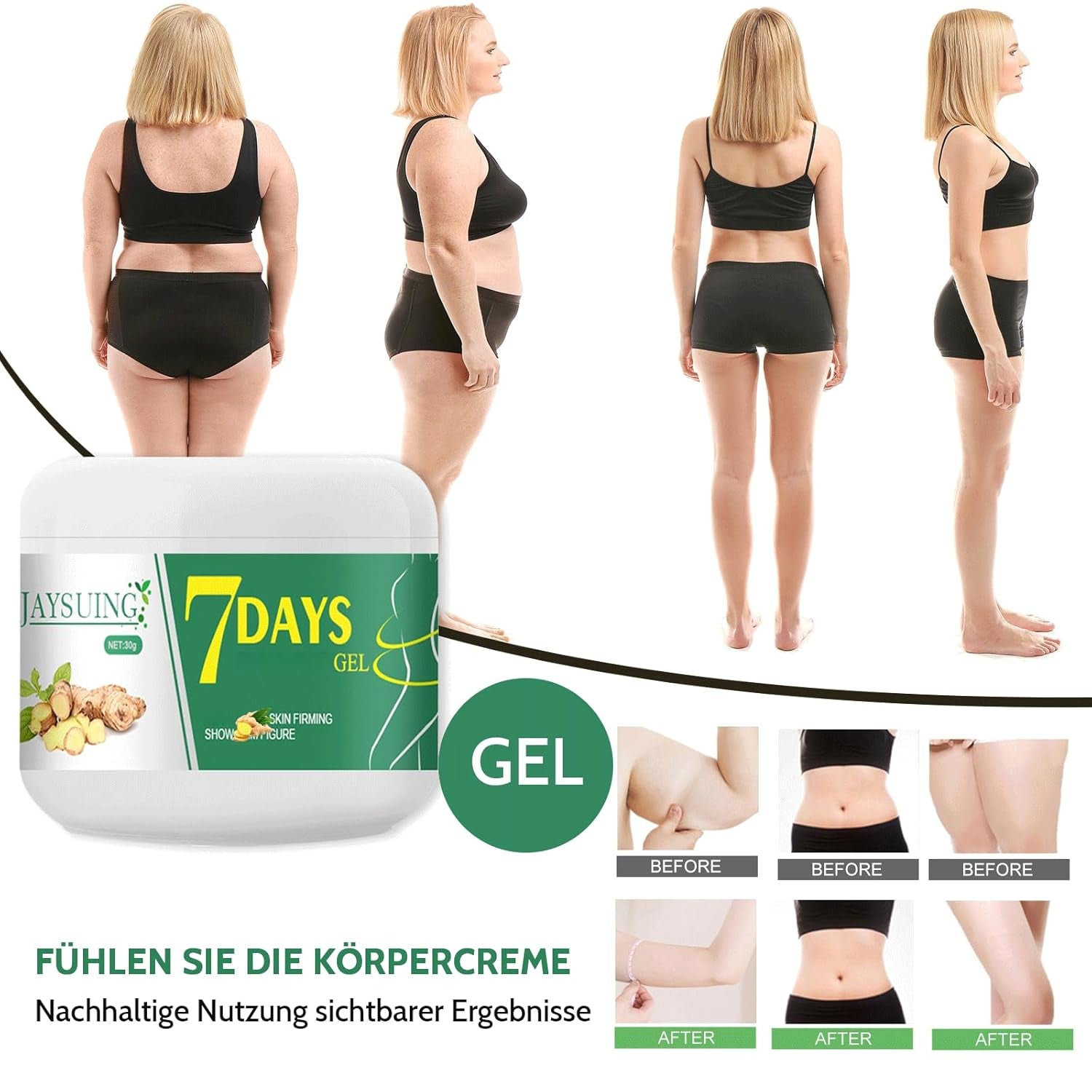 Shefave Ingwer Creme, 2Pcs Körpercreme Mit Gua Sha Stein, 7 Tage Feuchtigkeitscreme Massage Für Taille, Bauch, Arme, Gesäß, Oberschenkel