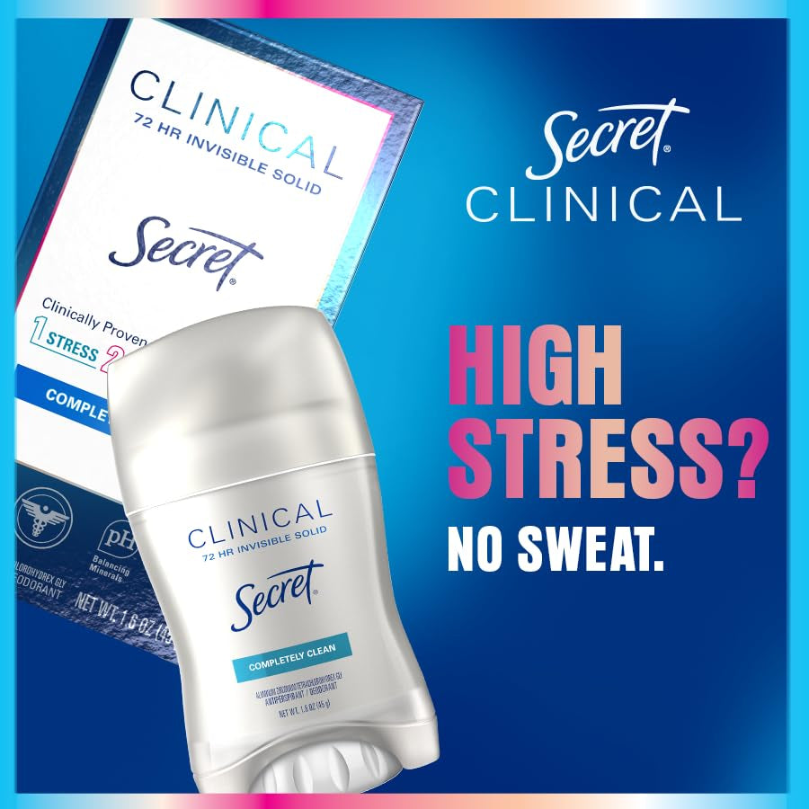 Secret Clinical Strength Deodorant and Antiperspirant for Women, Invisible Solid, Completely Clean, 2.6 Oz.