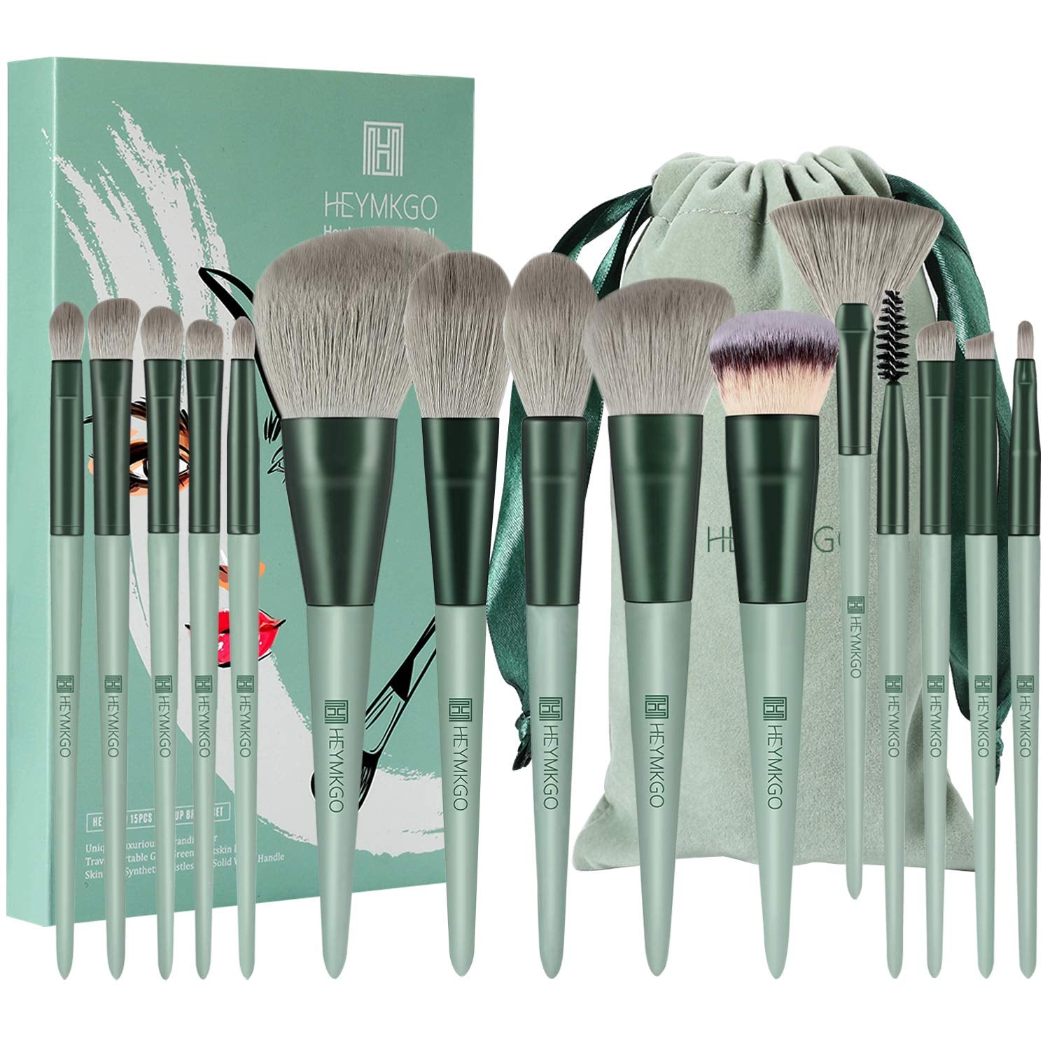 Pinselset Makeup HEYMKGO 15Pcs Synthetische Borsten Grüne Farbe Konischer Griff Make up Pinsel Set Schminkpinsel Gesicht Auge Lidschatten Mit Tragbarer Kordelzug Flanell Tasche (Rosa)