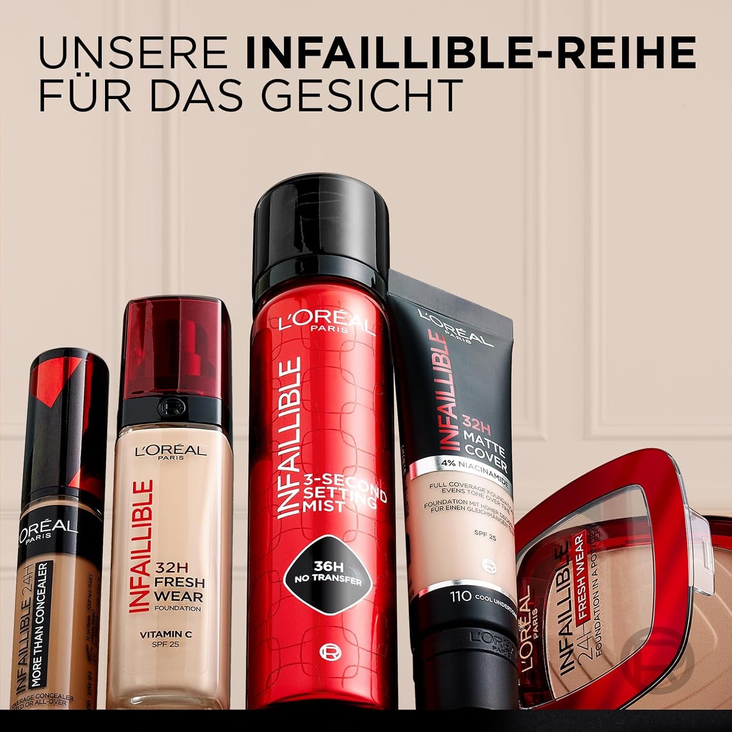 L'Oréal Paris Wasserfestes Puder Make-Up Mit Hoher Deckkraft, Deckendes Kompaktpuder Mit Mattem Finish Und 24H Halt, Infaillible 24H Fresh Wear Foundation Powder, Nr. 180 Rose Sand, 1 X 9 G