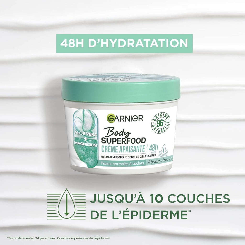 Garnier - Body Superfood - Beruhigende Körperpflegecreme - 48H Flüssigkeitszufuhr - Vegane Und Zu 96% Natürliche Formel - Mit Aloe Vera Und Magnesium - Für Normale Bis Trockene Haut - 380 Ml