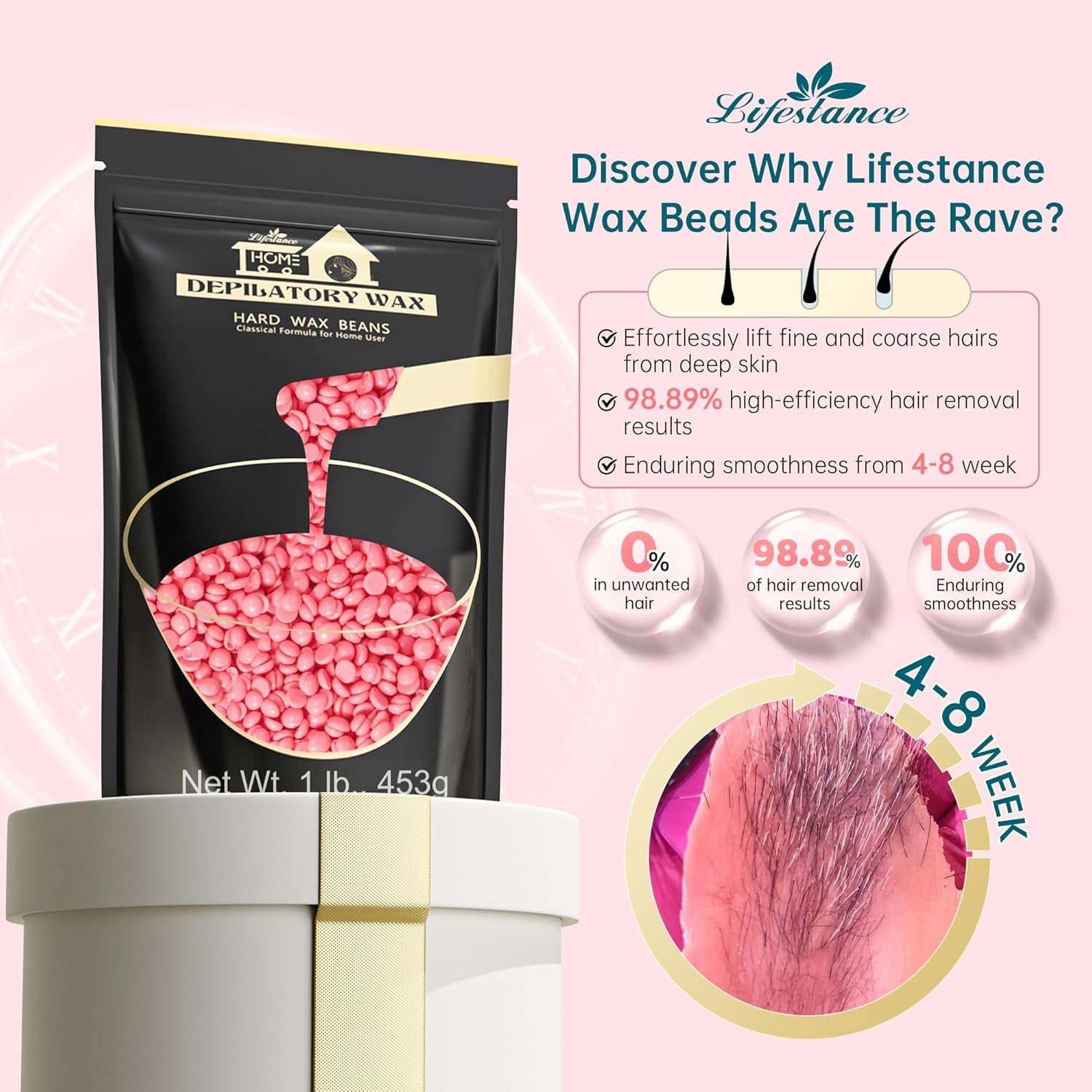 Lifestance 450G Waxing Perlen Formuliert Für Anfänger, Wachsperlen Mit 10 Holzspatel Für Enthaarung, Rose Wachs Haarentfernung Perlen Für Für Feines Haar,Gesicht,Augenbraue,Arme,Finger Und Zehe