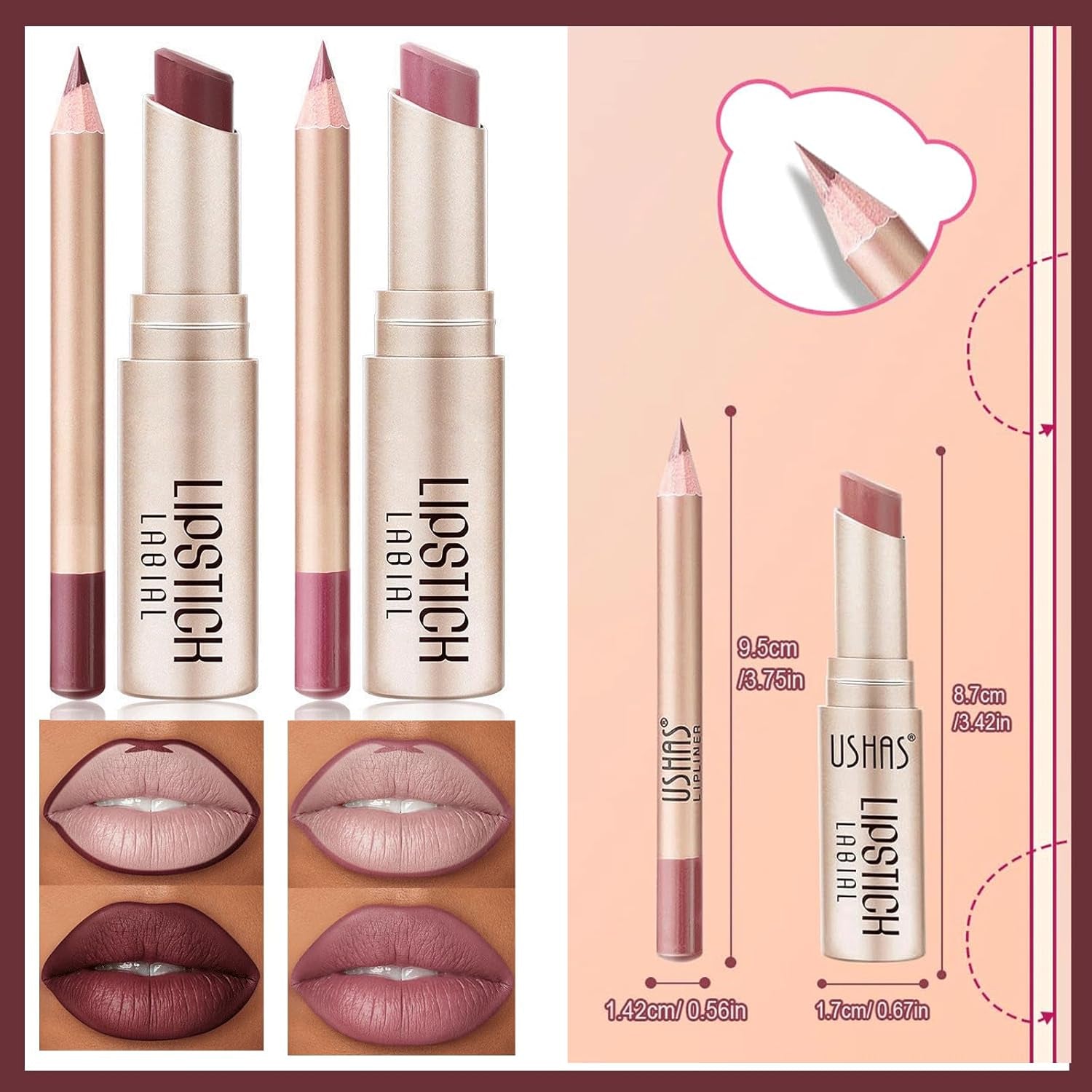 Lippenstift Lipliner Set, Matt Lipstick Rosa Lip Stain, Lippenstift Wasserfest Langanhaltender Lip Gloss Nude Lipsticks Lip Liner Velvet Nicht Klebende, Vegane, Gluten Free