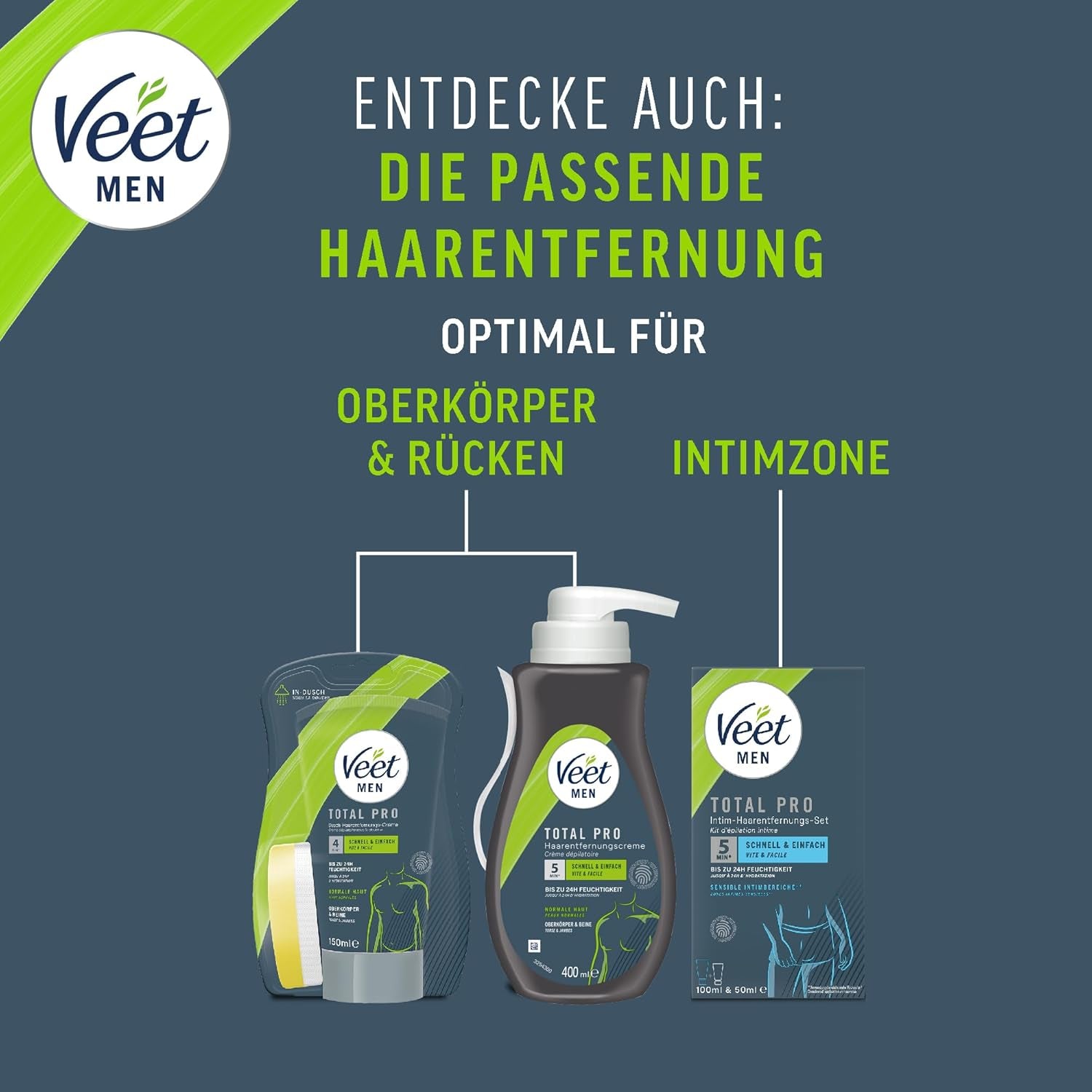 Veet Men Haarentfernungscreme Für Oberkörper & Beine - Enthaarungscreme Für Männer, Haarentfernung in 5-10 Minuten - 4 X 200 Ml Tube & Spatel