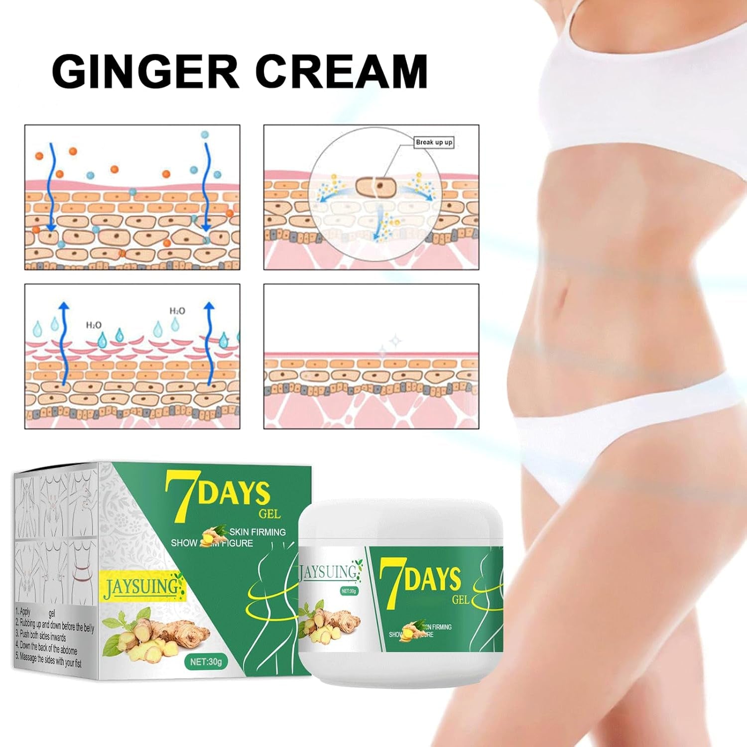 Shefave Ingwer Creme, 2Pcs Körpercreme Mit Gua Sha Stein, 7 Tage Feuchtigkeitscreme Massage Für Taille, Bauch, Arme, Gesäß, Oberschenkel
