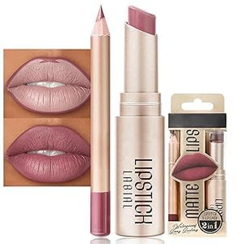 Lippenstift Lipliner Set, Matt Lipstick Rosa Lip Stain, Lippenstift Wasserfest Langanhaltender Lip Gloss Nude Lipsticks Lip Liner Velvet Nicht Klebende, Vegane, Gluten Free