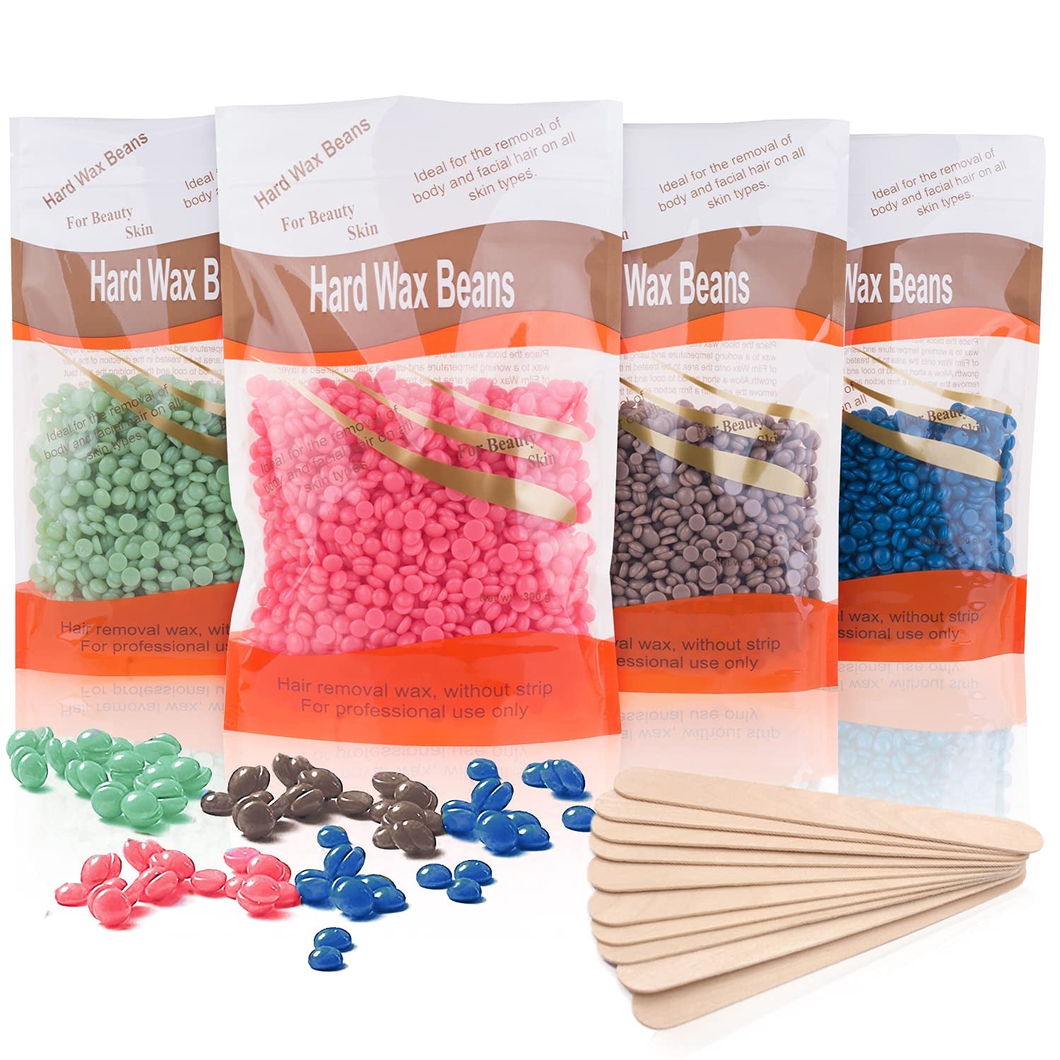 Wachsbohnen Zur Haarentfernung, Wachsperlen Für Ganzkörper Enthaarung, 400G Wacshbohnen Und 10 Holzspateln (4 Pack)