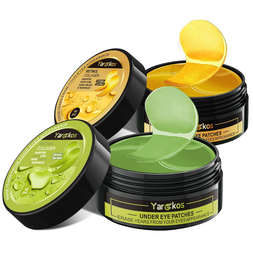 2 Stück 60 Pcs Hydration Feuchtigkeitsspendende Eye Pad Mask, Grün+24K Gold, 30 Paare Kollagen Hydrogel anti Aging Augenpads, Hyaluronsäure Augenmaske Dunkle Augenringe Entfernen, Kollagenaugenmaske