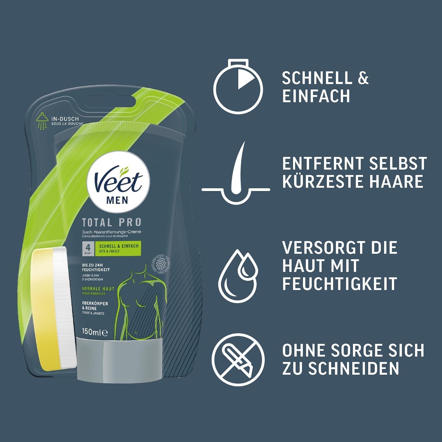 Veet Men Dusch-Haarentfernungscreme 3Er Pack Für Oberkörper & Beine - Enthaarungscreme Für Männer, Für Normale Haut - 3 X 150 Ml Inkl. Schwamm