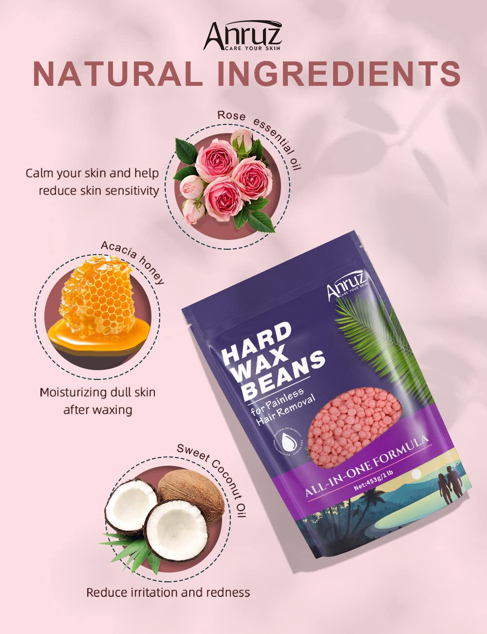 ANRUZ Waxing Perlen Für Empfindliche Haut- 453G Wachsperlen Haarentfernung Mit 10 Applikatoren- Rose Wax Perlen Für Achsel, Brasilianisch, Bikini, Bein Und Grobhaar Zu Hause Wachsen Für Wachswärmer