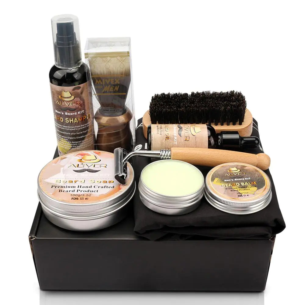 Herren Bartpflege-Set mit Öl, Balsam, Bürste und Rasierer