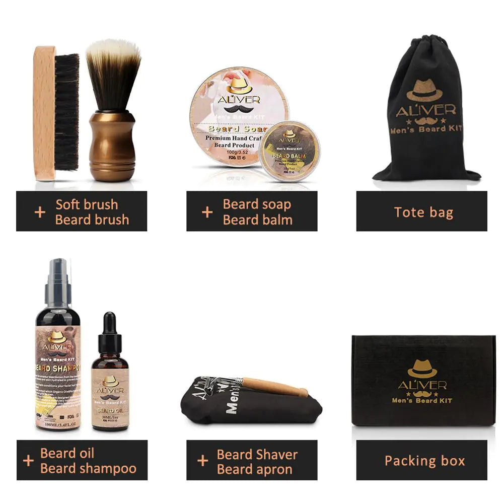 Herren Bartpflege-Set mit Öl, Balsam, Bürste und Rasierer